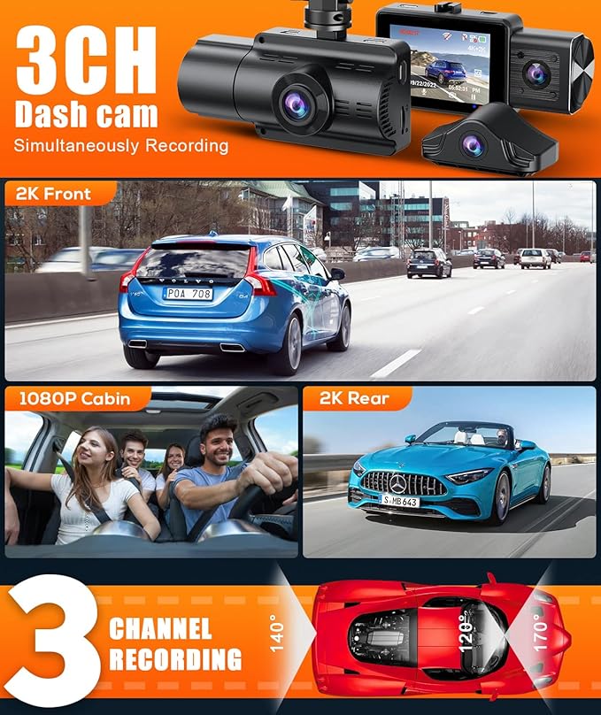 Moplasz Dash Cam Front Rear, 4K Full HD Dash Camera for Cars, Included 32GB Card, 3 Channel Dashcam Built-in Wi-Fi GPS, Night Vision, WDR, 24H Parking Mode (2160p Dash)