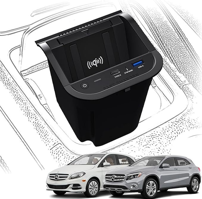 Wireless Car Charger for Mercedes-Benz A-Class B-Class GLA CLA 2013-2019 W176 W246 X156 C117 Accessory, 15W Fast Charging Phone Charger Pad with 27W USB-A & Type-C Port for iPhone Galaxy