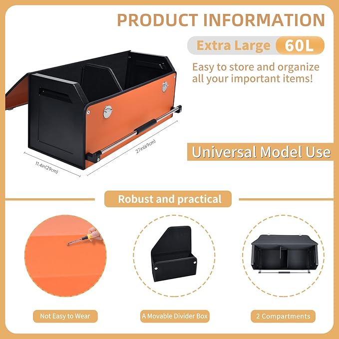 XCF Car Trunk Organizer for SUV, Collapsible Leather Car Storage Trunk Organizer with Lid and Sturdy Handle Car Trunk Leather Storage Box (Orange, 27.1 x 11.4 x 12.2in)