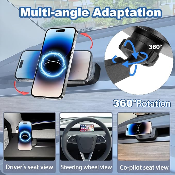 Phone Mount for 2025 2026 Model Y Juniper & 2024 2025 Model 3 Highland,Tesla Interior Accessories, Compatible with MagSafe Magnetic Holder with Fixed Vent/Dashboard Mount, 360° Rotatable