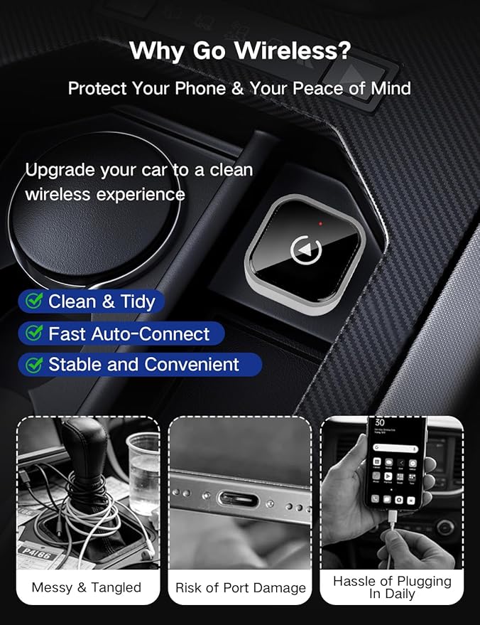 Kairiyard Wireless CarPlay Adapter for iPhone and Android Auto, 2-in-1 Convert Wired to Wireless Car Play Adapter, Plug and Play, No Latency, Fast and Stable Auto Connect, with USB/USB-C