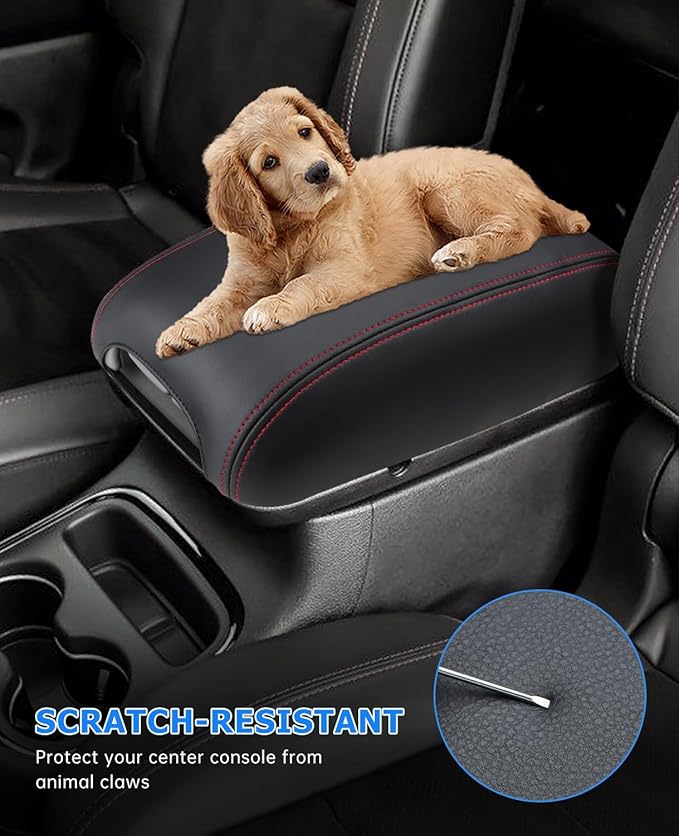 INTGET Car Rear Armrest Cover for Dodge Durango Accessories 2011-2023 Leather Middle Center Console Arm Rest Box Lid Seat Protector Cushion Saver (Red Stitches, 2011-2023)