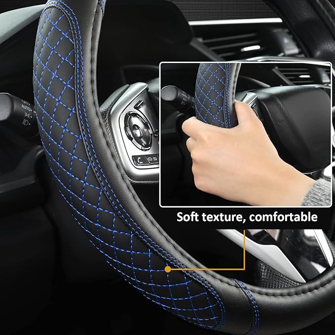 West Llama Customized Auto Car Steering Wheel Cover for Jeep Grand Cherokee,Wrangler,Compass,Gladiator,Cherokee 14.5-15 inches (Diamond Quilted-Black+Blue-Standard Size)