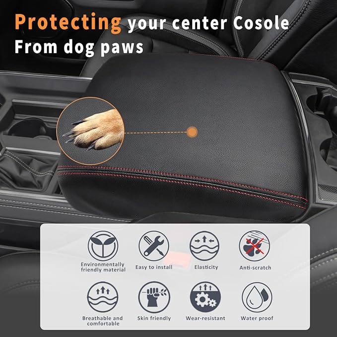 INTGET Car Center Console Armrest Cover for 2022 2023 Dodge Ram 1500 2500 3500 Accessories 2019 2020 2021 Arm Rest Box Lid Protector Pad Cushion Dog Seat Cover (Black with red Stitches)