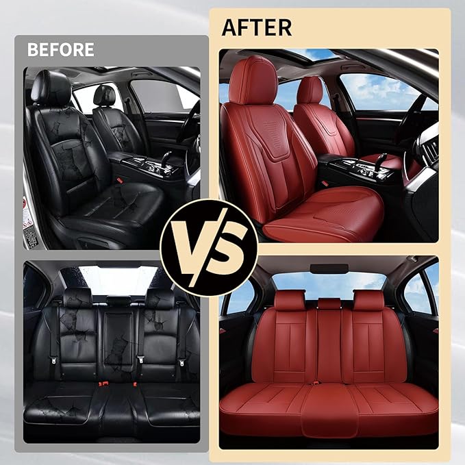 FLORICH Car Seat Cover Full Set, Red Automotive Seat Covers, Luxury Faux Nappa Leather Car Seat Protectors, Car Seat Cushions Universal Fit for Most Sedans SUVs Trucks - Red