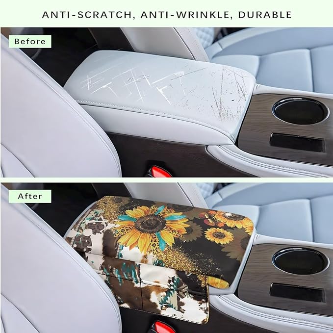 Wanyint Aztec Sunflower Leopard Cow Print Auto Center Console Cover Non-Slip Soft Armrest Storage Box Mat Scratch Resistant Middle Console Cover Arm Rest Pad Car Interior Decor Accessories