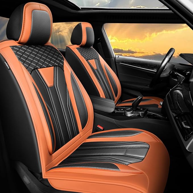 Fit Tucson Car Seat Covers Premium Leather for Hyundai Tucson 2010-2025 2026. Waterproof， Breathable, Scratch-Resistant & All-Weather Seat Cushion Protector (Full Set, Orange&Black)