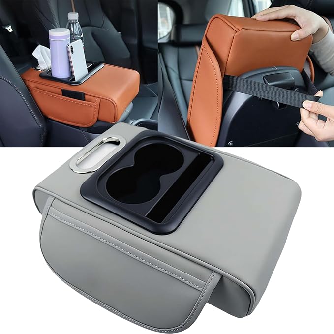 Car Armrest Cushion,5-in-1 Center Console Cover with 2 Storage Bags Cup Holder, Tissue Box Slot, Phone Slot for Car Sedans,Car Interior Accessories for Most Vehicle, SUV, Truck,Cars (Grey)