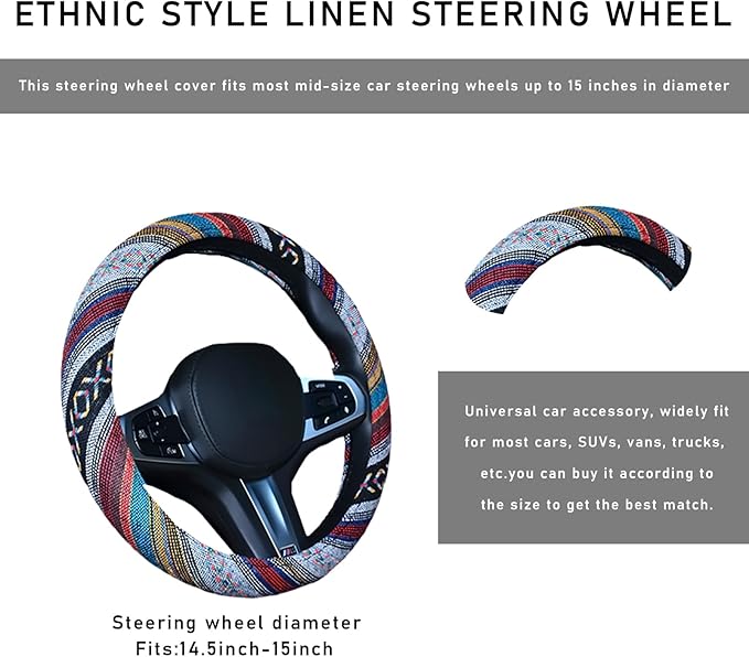 Boho Steering Wheel Cover, 15.0"×15.0" Anti-Slip Baja Blanket Ethnic Steering Wheel Protector, Breathable Flax Cloth Elastic Bohemian Steering Wheel Cover, Car Accessories (Style D)