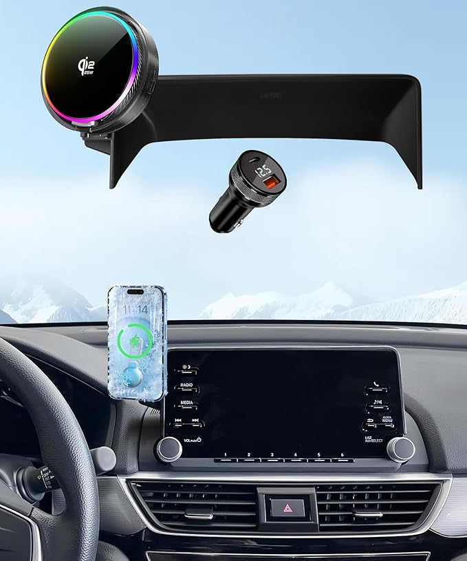 Qi2.2 25W Magnetic Car Mount Charger for Honda Accord 2018-2025 Accessories, for Fast Charging Cell Phone Holder 8 Inch Screen Fixed Clip with Cooling Fan＆54W Fast Adapter