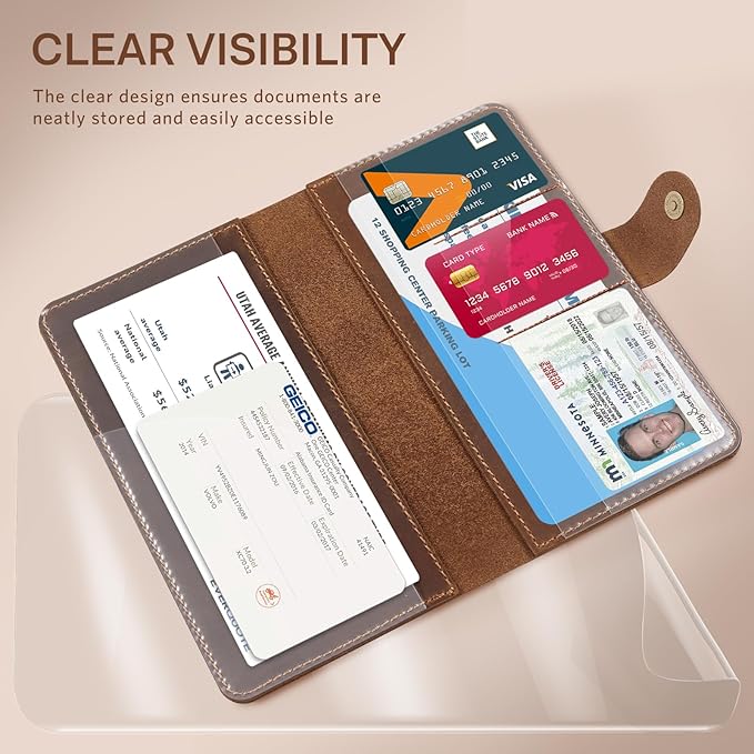 CoBak Genuine Leather Car Registration and Insurance Holder–Luxury Vehicle Glove Box Organizer, Premium Auto Document Case with Magnetic Closure for License, Cards & Papers，Brown