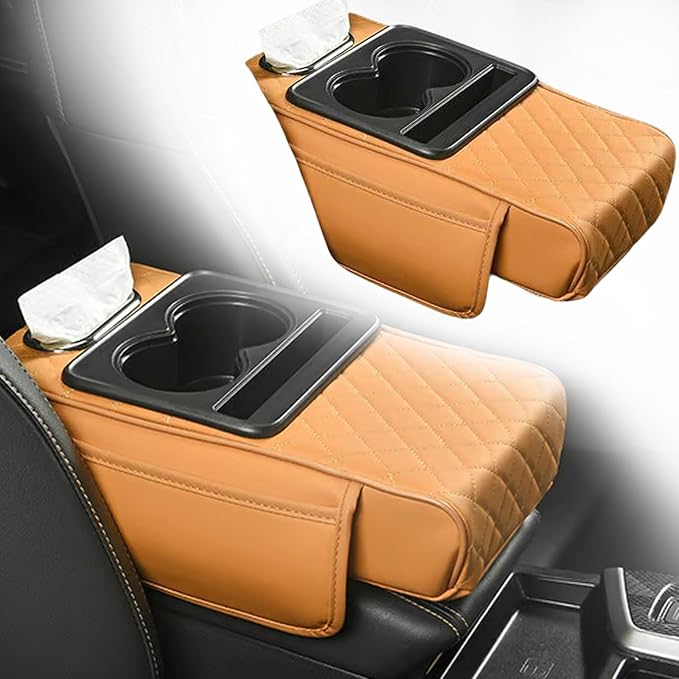 Multifunctional Pu Leather Car Armrest Box Mat, 5-In-1Multifunctional Car Armrest Cushion, Car Arm Rest Cover Pad, Center Console Organizer with Cup Holder, Tissue Box & Phone Slot (Orange)