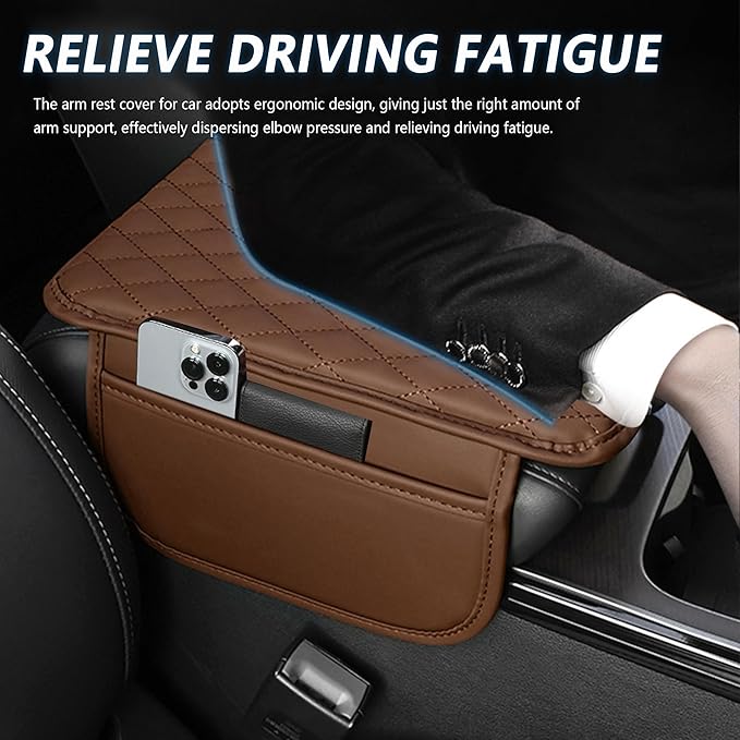 Upgraded Car Center Console Cover,Microfiber Leather Car Armrest Cover Cushion with 2 Storage Bags,Universal Armrest Storage Box Accessories for Most Vehicles (Brown)