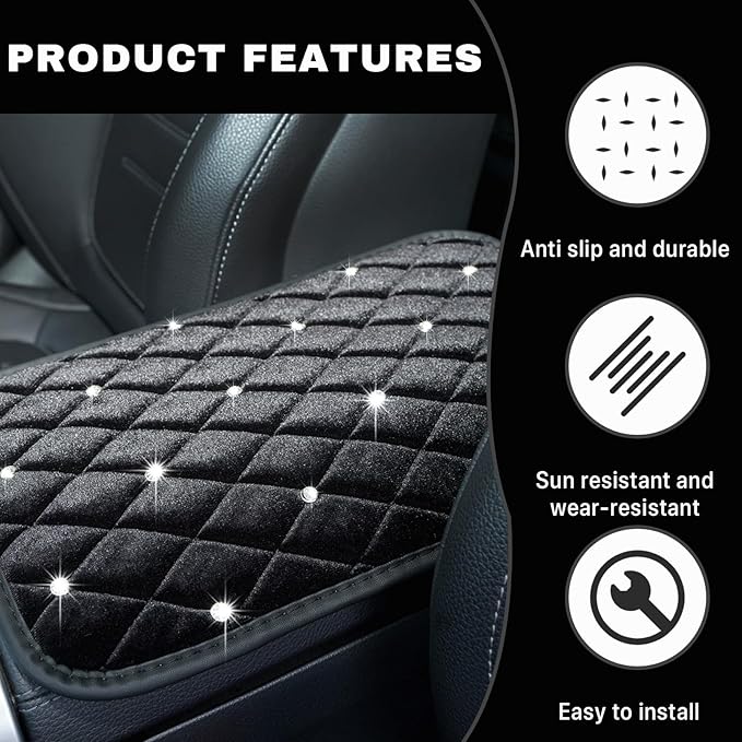 Bling Car Center Console Cover, Soft Fluffy Armrest Seat Box Cushion Pad, Crystal Diamond Arm Rest Protection Mat, Automotive Interior Decoration Accessories for Most Vehicles (Black)