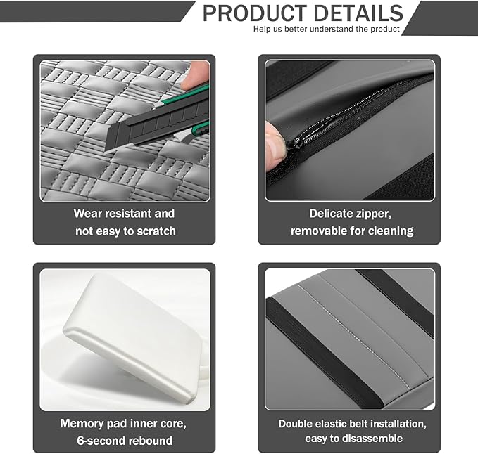 Car Armrest Cushion, 12.2"×8.3" Leather Auto Memory Foam Center Console Pad with Storage Pocket, Waterproof & Anti-Scratch Elbow Pillow Armrest Seat Box Protector, Universal Fit (Gray)