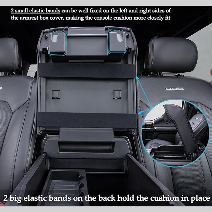 JDMCAR Center Console Cushion Compatible with 2015-2020 Ford F150 / 2017-2022 F250 F350 F450 and 2018-2024 Expedition Accessories, Customized PU Leather Armrest Cover Protector (Bucket Seat Only)