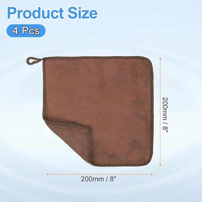 HARFINGTON 4 Pack Microfiber Cleaning Cloth, 8" x 8" Multi-Functional Cleaning Towels Reusable Absorbent Rags with Hook for Car Wash Kitchen Household Window Clean, Brown