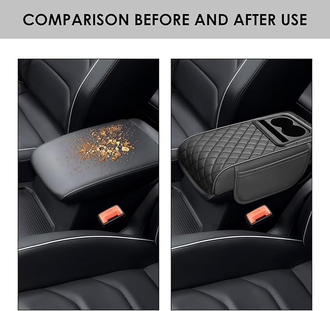 Car Center Console Cover, Leather Car Armrest Cover with Storage Box, Cup Holder, Phone Slot, Waterproof Arm Rest Protector Cushion Automotive Accessories (Black)