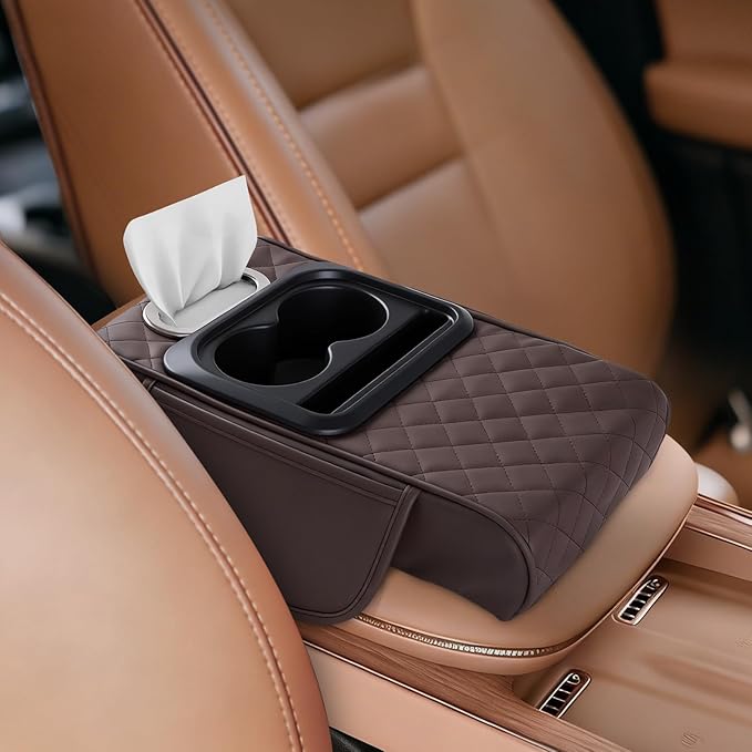 5-in-1 Car Armrest Cushion with Storage, Memory Foam Center Console Organizer W/Cup Holders, Tissue Holder & Phone Slot, Leather Car Armrest Cover Pad, Universal for Cars SUVs Trucks, Brown