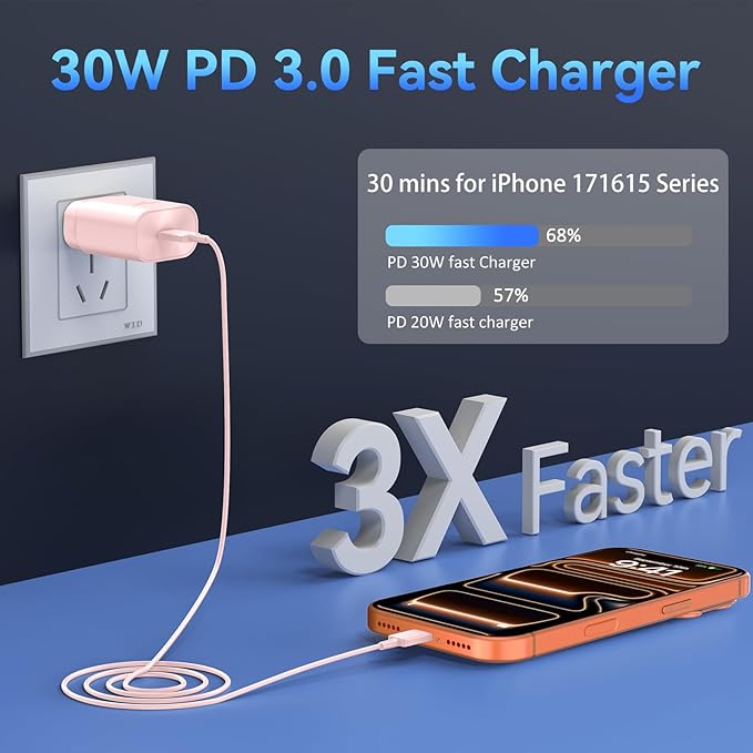Phone 17 16 15 Charger Fast Charging,30W USB C Phone 17 16 15 Pro Max Charger Block &6.6FT Long Type C Cable Cord for i.Phone 17/Air/17 Pro/17 Pro Max/16/16 Plus/16 Pro/16 Pro Max/15/15 Pro Max,Pink