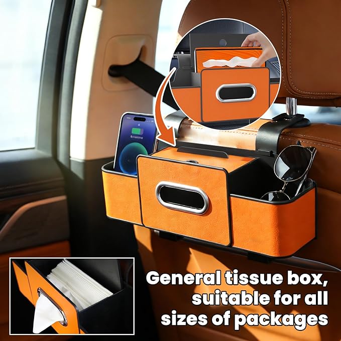 Multifunctional 3‑in‑1 Car Seat Back Storage Box Organizer with Cup Holders, Tissue Box Slot & Headrest Hooks – Backseat Car Organizer for Phones, Snacks, Drinks, Bags, Travel Storage (Brown)