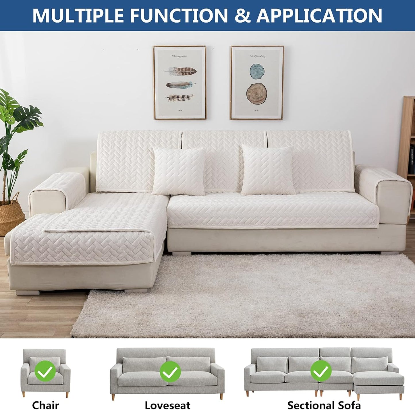 Eismodra Couch Cover,Sectional Couch Covers,Sofa Covers for 3 Cushion Couch,Anti-Slip Sofa Slipcovers for Dogs Cats Kids Loveseat Recliner L Shaped Armrest Backrest,White 43''x94''(Only 1 Piece)
