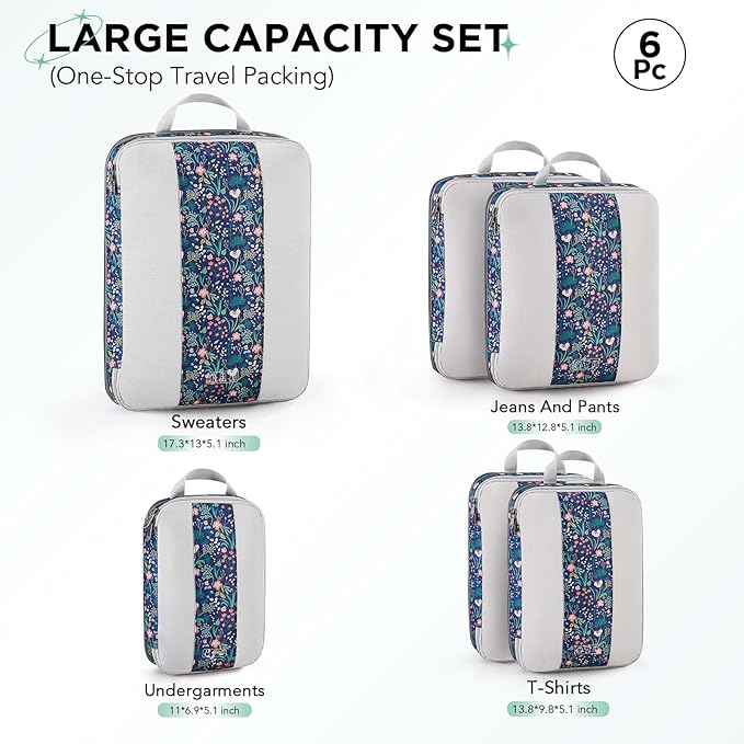 6 Set Compression Packing Cubes for Travel Essentials,Compressible Expandable Packing Cubes for Suitcase,OlarHike Luggage Organizer Bags for Travel(Dark Blue Floral)