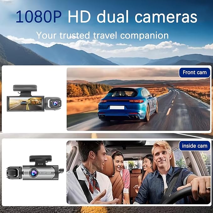 Dash Cam Front and Inside, 1296P Dual DashCams for Car, 3.16 Inch IPS Screen Driving Recorder with IR Night Vision, Loop Recording, Wide Angle Lens, 24H Parking Traffic Recorder