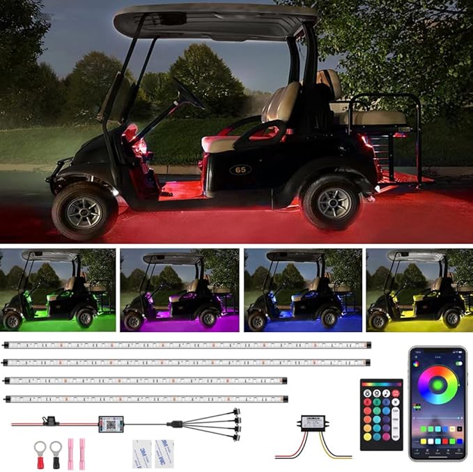 4 Pcs Golf Cart Underglow Lights, RGB Led Strip Lights for EZGO Yamaha Club Car, RF/APP Control, Sound Active, Music Sync with Voltage Reducer, Water Resistant Flexible Tubes