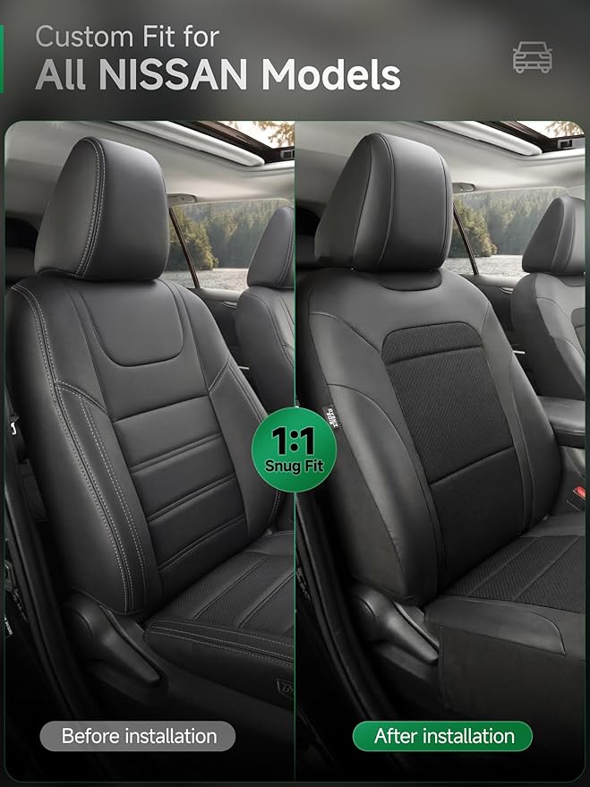 GIANT PANDA Air Cool Mesh Car Seat Cover Custom Fit Nissan Rogue Altima Sentra Versa Kicks Frontier Murano,Breathable Cooling Seat Protector with Leather Back Pannel(Black)
