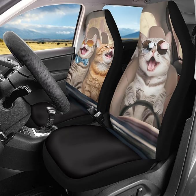 Cat Driver Car Seat Covers Front Set Full Wrapping Edge Vehicle Cushion Seat Cover Set Universal Fit for Most Car Interior Covers for Sedan Truck SUV