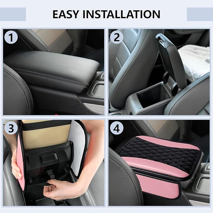 Leather Car Center Console Cover,Upgraded Center Console Cushion Pad with Side Pockets,Patchwork Arm Rest Cover for Car,Waterproof Armrest Seat Box Covers,Universal for Most Vehicles (Pink)