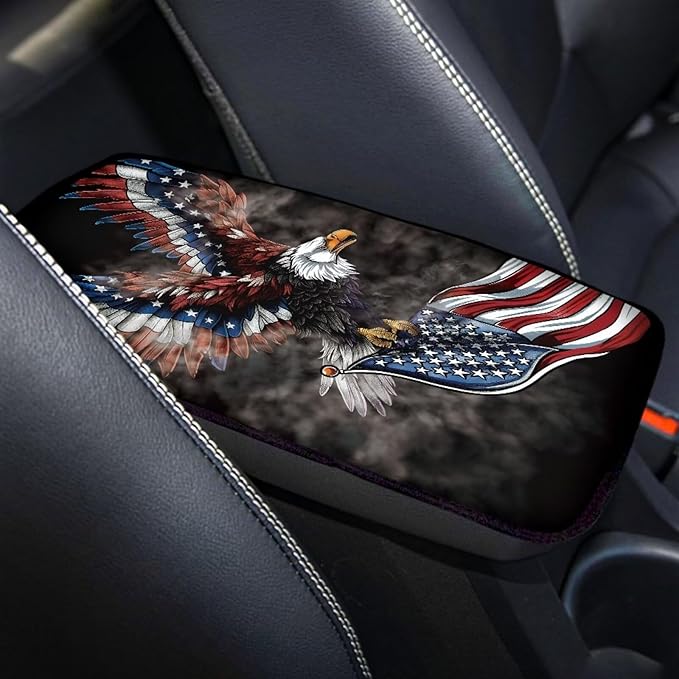 American Flag Center Console Cover American Eagle Armrest Cover Cushion Soft Waterproof Armrest Seat Box Cover Protector for Most Vehicle SUV Truck Car