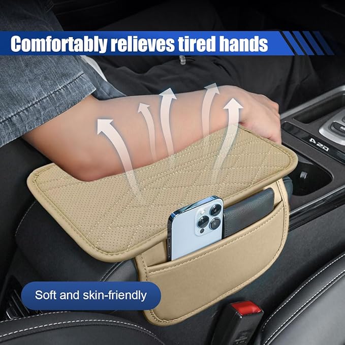 Car Center Console Cover with 2 Storage Bags - Leather Car Armrest Cushion Pad Vehicle Middle Console Cover, Universal Armrest Seat Box Protector Auto Interior Accessories for SUV, Truck, Sedan(Beige)
