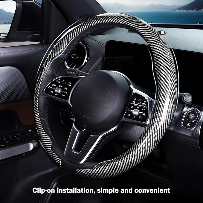 Car Steering Wheel Cover Carbon Fiber Snap On Steering Wheel Accessories Wrap 14.5-15 inch Universal Grip Anti-Skid Protector, Glossy Silver