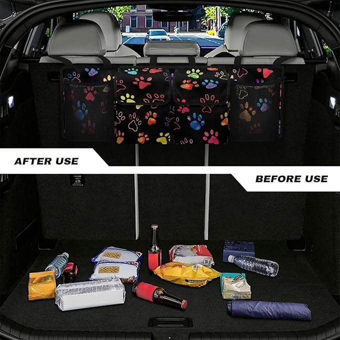 Rainbow Dog Paw Print Car Trunk Organizer Trendy Back of Seat Car Organizer for SUV,Truck,Van Trunk Storage Bag Hanging Cargo Bag