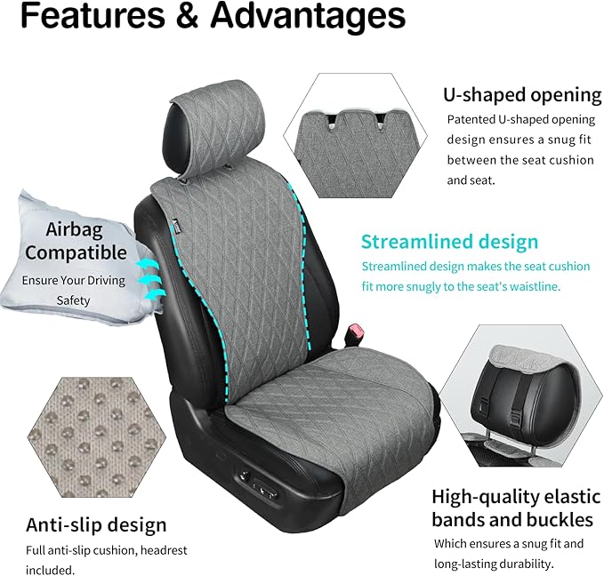 2pcs Sideless Car Seat Covers for All Seasons - Breathable Front Seats Cushions Non-Slip Bottom with Headrest Protectors - Universal Carseat Cover Fits for Most Vehicles Cars Van SUV Truck Grey