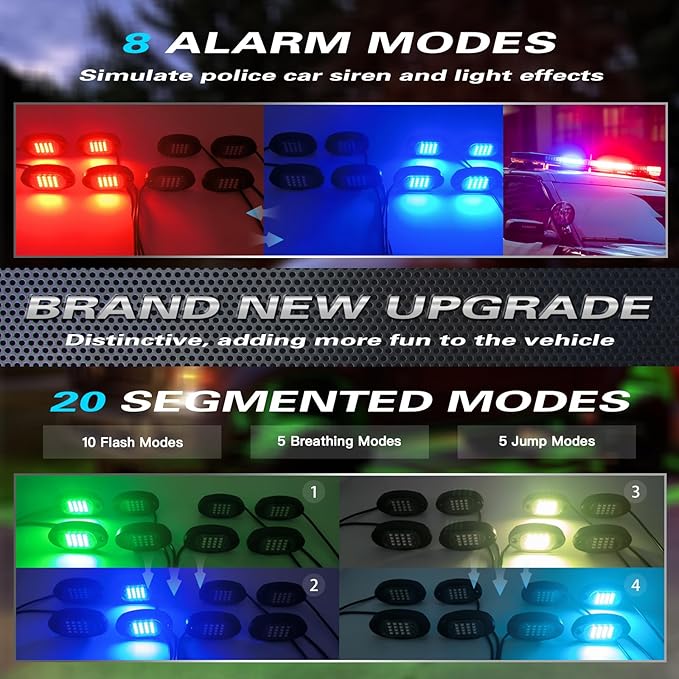 6Pods Segmented RGB LED Rock Lights Kit for ATV UTV 4 Wheeler Can-Am SXS RZR Side By Side Offroad Golf Cart with APP/RF Remote, Multicolor Underglow Accent Light Waterproof Vehicle Music 12V Underbody