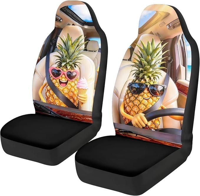 Pineapple Car Seat Covers Set of 2 Funny Breathable Front Seat Covers Stretch Polyester Fabric Cover Removable Automotive Accessories Universal Fit for Cars SUV Sedans