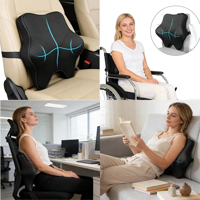 Lumbar Support Pillow for Office Chair & Car - Ergonomic Memory Foam Lower Back Cushion with Breathable Polyester Cover Adjustable Straps for Desk, Gaming, Wheelchair - Relieves Back Pain (Black)
