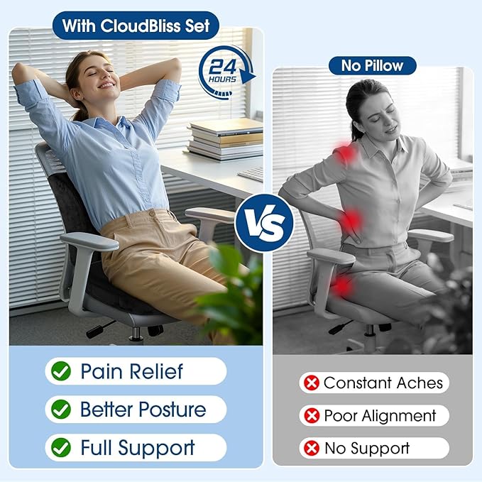 CloudBliss Lumbar Support Pillow & Seat Cushion Set for Office Chair, Desk Chair, Wheelchair & Car – Memory Foam Back Support, Ergonomic Chair Cushions, Sciatica Pain Relief, Home Essentials, Black