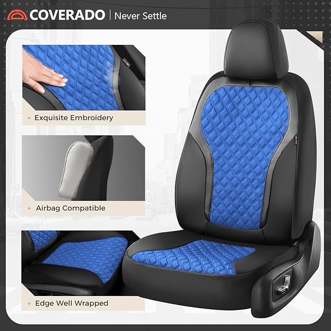 Coverado Seat Covers Full Set, Luxury Diamond Leather Car Seat Cover with Carbon Fiber Textured Design, Waterproof Car Seat Protector, Black&Blue Front and Rear Seat Covers Universal Fit Most Cars