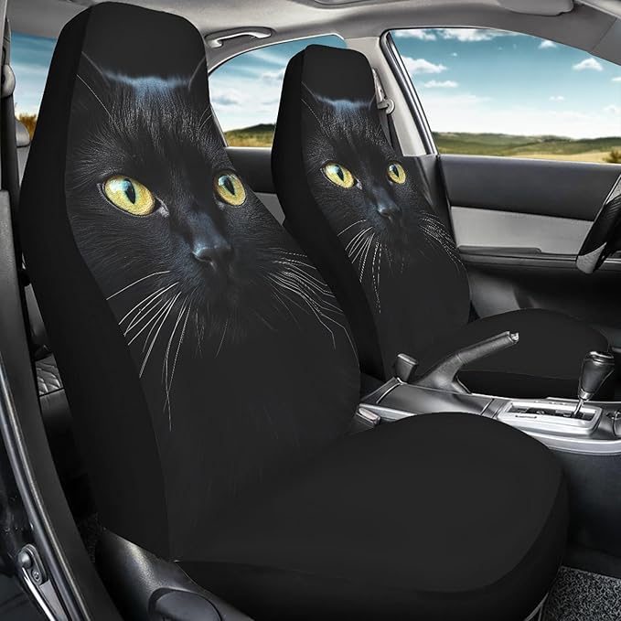 BIGCARJOB Durable Washable Black Cat Car Seat Covers 2pc Front Seat Only Ultra-Soft Universal Auto Drive Seat Protector Cover