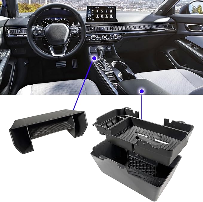 2025 2026 Civic Double Center Console Organizer Tray for 2022-2026 Honda Civic 11th Gen Sedan Hatchback LX EX Sport 2025 Accessories Civic 2026 Central Console Organizer Insert Tray(2pcs)