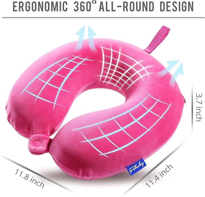 Memory Foam Neck Pillows for Travel - Travel Neck Pillows for Airplanes with Attachable Snap Strap Soft Washable Cover, Flight Neck Pillows Provide Neck Rest for Traveling, Car, Home, Office, Pink
