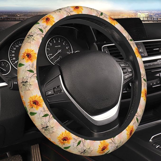 Vintage Sunflower Steering Wheel Cover Women Men Elastic Stretch Soft Car Wheel Protector Universal Breathable No-Slip Car Accessories for Truck Van SUV Auto Fit 14-15 Inches