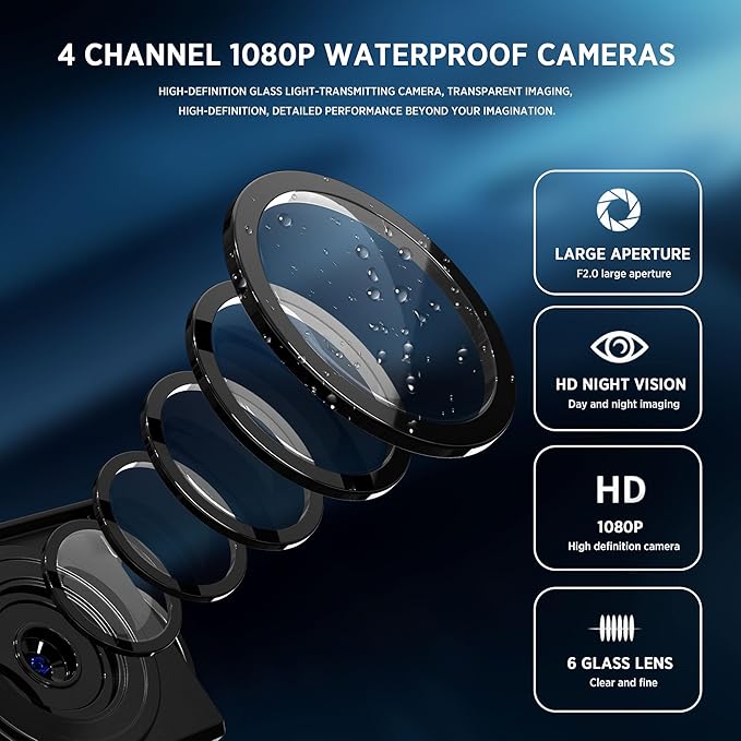 4K Backup Camera 4 Channel 360 Dash Cam with 10.36" Quad Split Touch Screen & 4 AHD Front Rear Sides View Camera w/DVR Recording Music Video Playback Avoid Blind for RV Semi Trailer Truck Van