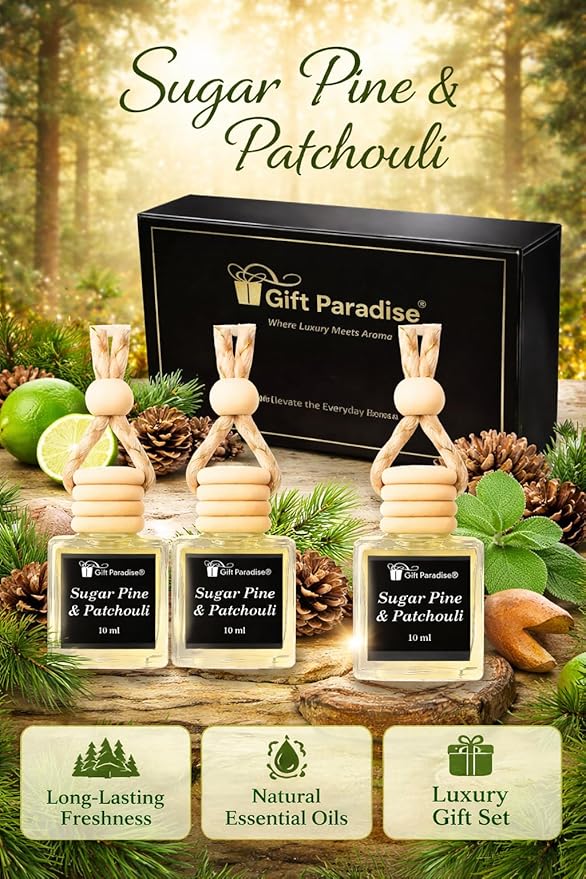 Sugar Pine & Patchouli Car Air Freshener Set of 3 (10 ml Each), Hanging Diffuser Bottles with Wooden Cap, Woodsy Earthy Fragrance for Car, Home & Office, Magnetic Gift Box