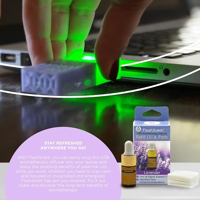FlashScent USB Aromatherapy Essential Oil Diffuser for Home, Work, Car Refill Kit - Includes 2.5mL Bottle of 100% Pure Lavender Essential Oil and 4 Scent Pads for Our USB Diffuser