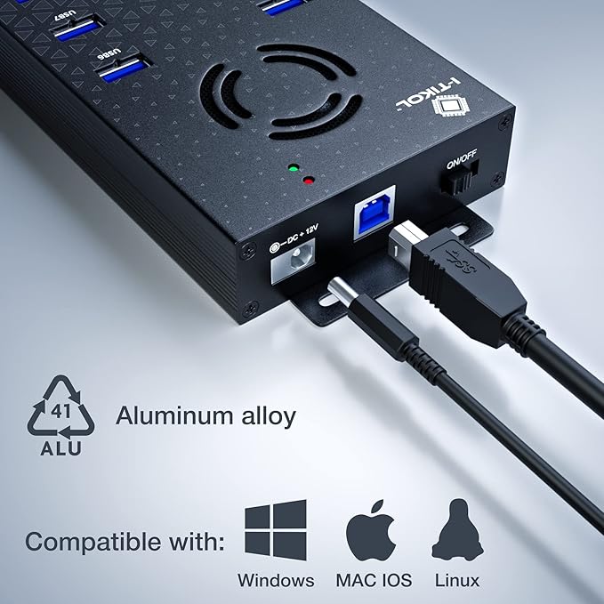USB 3 0 Hub - 10 Ports Powered USB Hub - Charging & High-Speed Data Transfer USB Expander Hub - up to 5Gbps High-Speed USB Splitter - Aluminum Alloy Multiple USB Port Hub for Laptop Phone Tablet PC